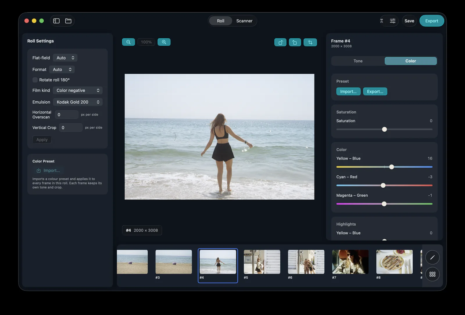 PakonScan colour grading — a frame rendered in native Pakon colour with the lab colour sliders