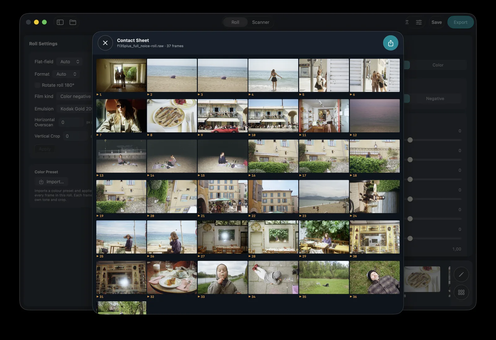 PakonScan contact sheet — the whole roll as a grid of colour thumbnails