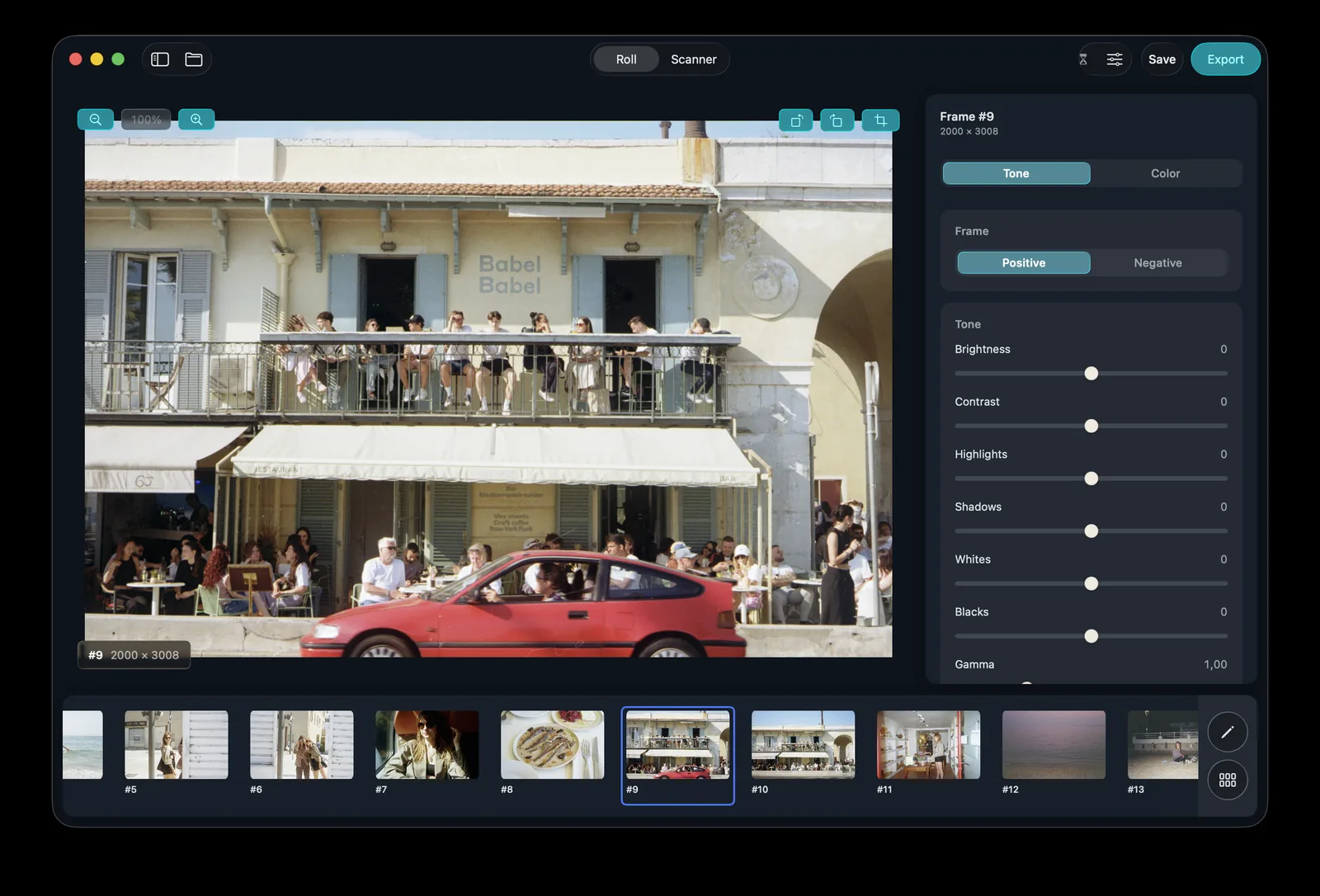 PakonScan frame editor — a developed frame with the tone and colour sliders