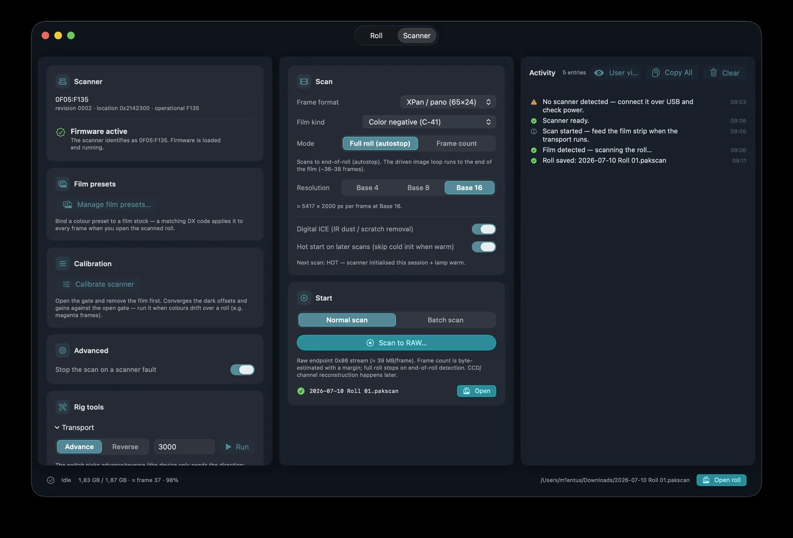 PakonScan Scanner tab — scan settings, controls and the live activity log